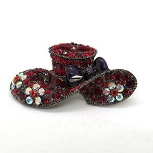 Red Rhinestone Hat Brooch Purple‎ Enamel Bow Clear Flowers 2" Pin Gunmetal Gray